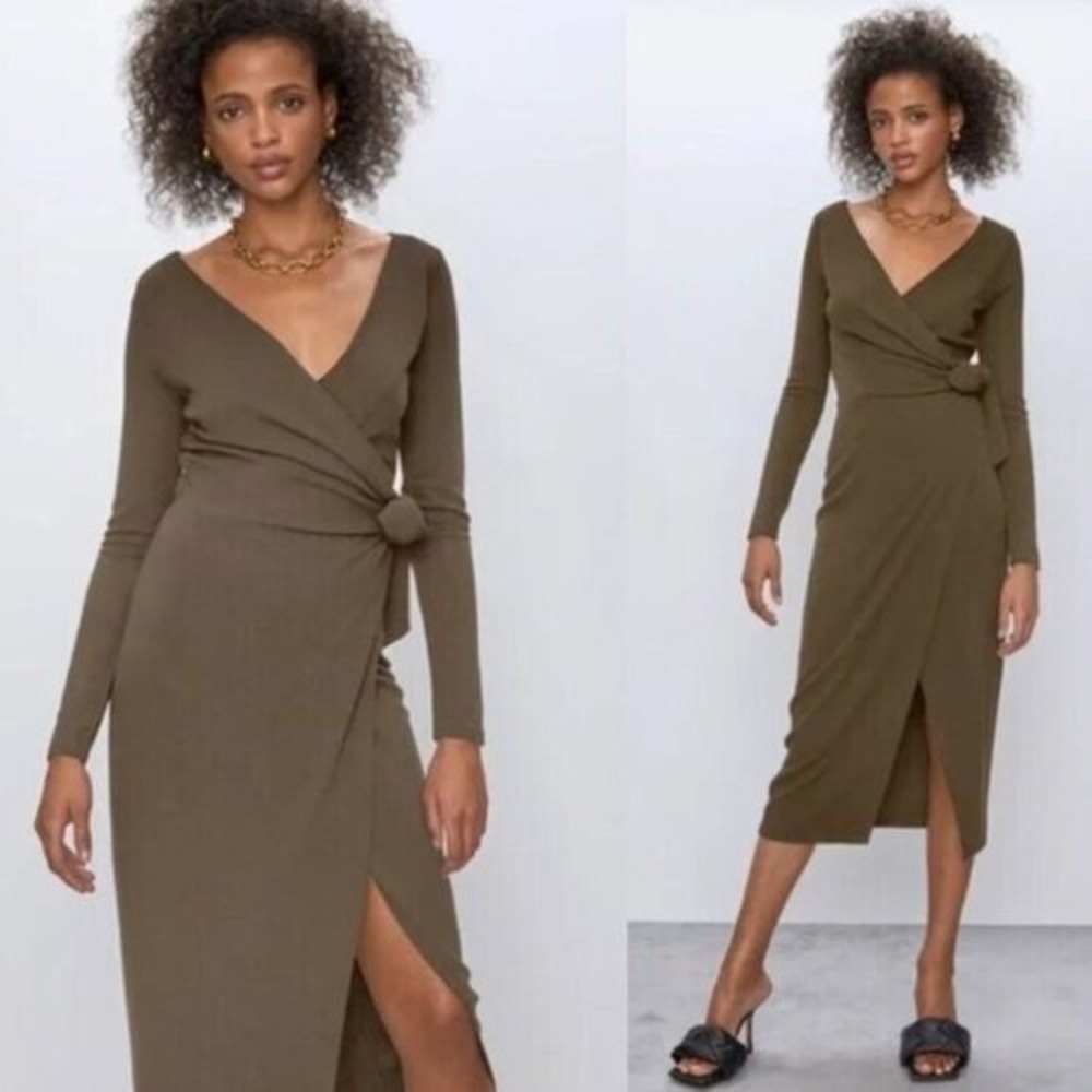 Aritzia BABATON Women Gaudi Wrap Matte Jersey Midi V Neck Dress Sz L Brown 75-8